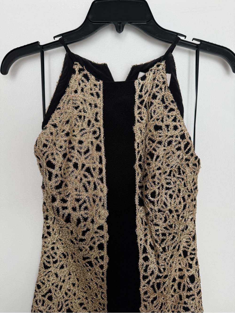 Badgley Mischka Black Halter Dress with Gold Lace Overlay